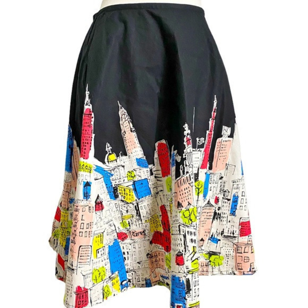 Handmade Black Panel Midi‎ Skirt with New York City Skyline Pattern on Bottom
